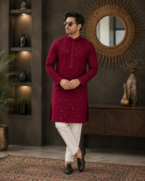 Pure Rayon Based Beautiful Embroidery Work At Front And Back With Sequins Work Designer Kurta & cream Pajama (slight variation in color & design is possible)
