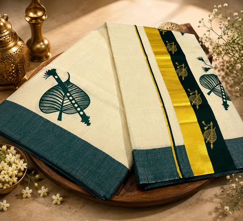 KERALA GOLD TISSUE WITH DIGITAL PRINT BEAUTIFUL SAREE
