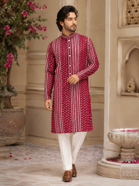Raw Silk Based Beautiful Embroidery Work At Front And Back With Sequins Work Designer Kurta & White Pajama (slight variation in color & design is possible)