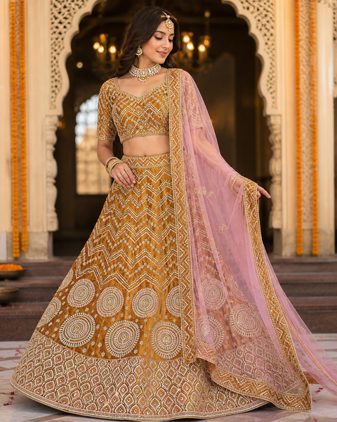 Velvet based embroidery work multiflared beautiful lehnga with embroidery work design in blouse and peachy pink embroidery dupatta (Unstitched Lehnga)