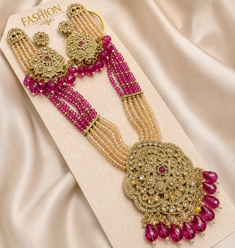 Crystal pearls with fine golden Jerkan stone With Pearls Beaded Necklace Set With Beautiful Earrings (slight variations in color and design is possible)