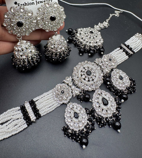Black & Silver Jerkan stone with pearls beaded work beautiful choker with jhumka and tikka set