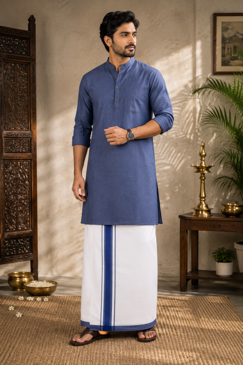 Woven Cotton Kerala Mundu / Dhoti in White ( 3.75 mtrs )Kurta not included,slight variation is possible