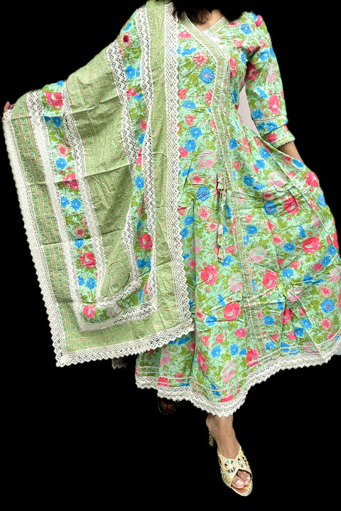 Cotton based embroidered & block print Anarkali Kurti with pants & Dupatta