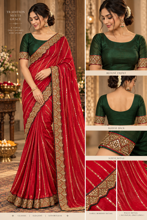 Saree featuring elegant vertical sequin work and a rich embroidered handwork border with contrast detailing. Comes with an attached contrast blouse piece; model blouse is for reference only. Slight variation in colour and design is possible.