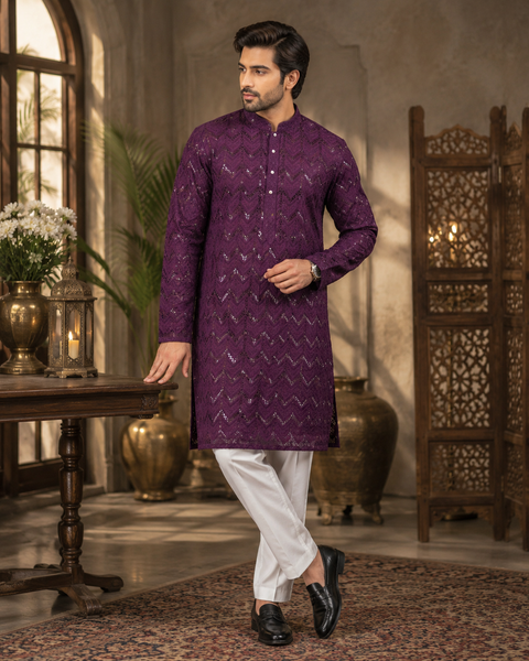 Pure Rayon Based Beautiful heavy Embroidery Work At Front And Back With Sequins Work Designer Kurta & white pajama (slight variation in color and design is possible)