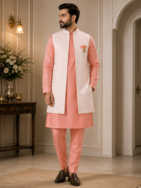Brocade silk designer jacket with plain kurta and pants (slight variation in color & design is possible )