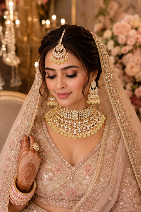 Kundan with pearls work beautiful heavy work Choker necklace with designer Jhumka Earrings and Tikka (slight variation in color and design is possible)