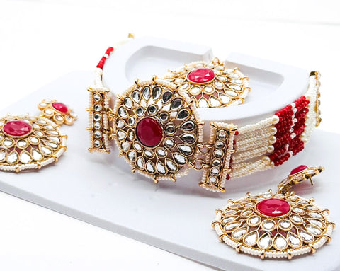 Pearls beaded with Kundan stone beautiful choker necklace with Earrings & Tikka