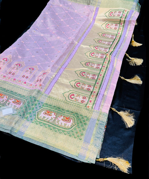 (Video clip attached ) Soft tissue silk embroidery saree with stone work and tessels attach