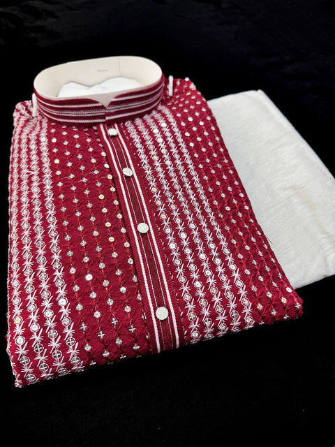 Raw Silk Based Beautiful Embroidery Work At Front And Back With Sequins Work Designer Kurta & White Pajama