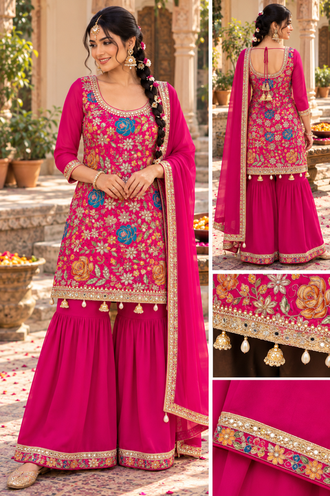 Soft crepe silk embroidery with pearl work kameez with sharara & dupatta. Slight variation in colour and design