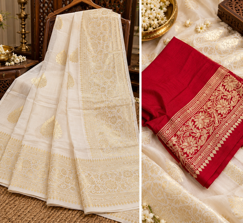 Luxuriously soft silk saree with a smooth, lightweight feel and beautifully flowy drape. Featuring rich woven zari floral motifs and an elegant detailed border .Blouse piece included. Slight variation in colour and design is possible.