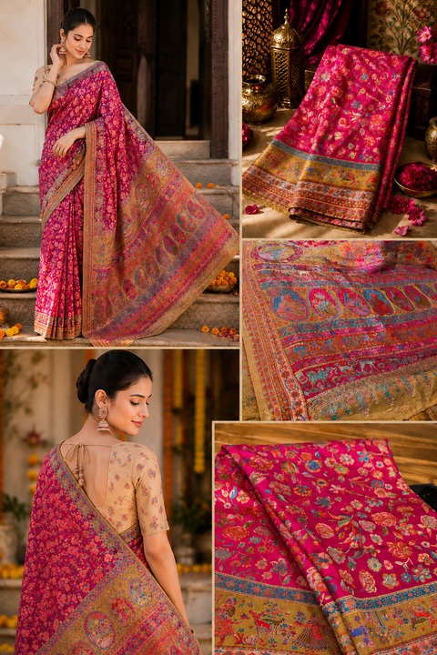 Kashmiri Kalamkari Inspired Soft Silk Saree with vibrant multicolour weaving and an elegant contrast pallu for a rich, timeless look.Blouse piece attached. Model image for reference only. Slight variation in colour and design may occur.
