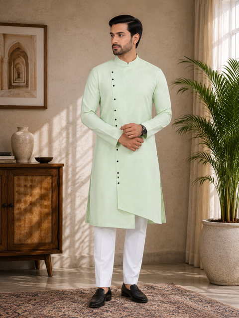 Lite lime green colour cotton linen based side cut style kurta with pants  (slight variation in color & design is possible)