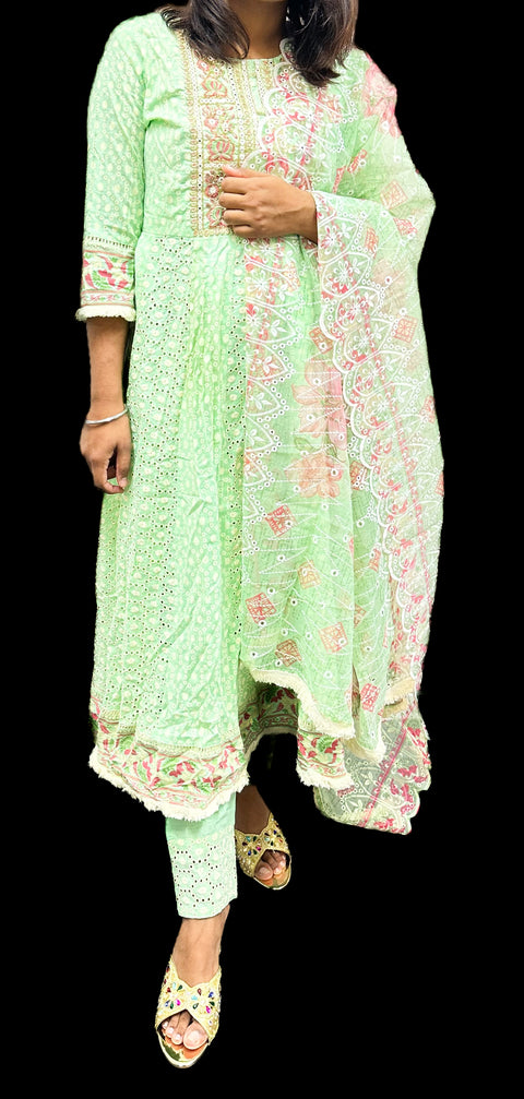 Cotton Based Heavy Handwork & Mirror Work All Over On Chikankari Kurti And Handwork Dupatta With Plazo Pents