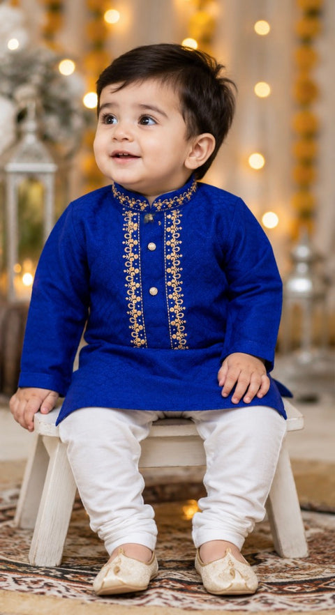 Silk based embroidered work kids kurta pajama (slight variations in color and design is possible)