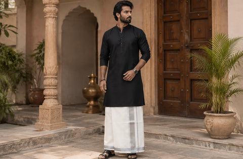 Woven Cotton Kerala Mundu / Dhoti in Off White ( 4 mtrs ) (slight variations in colour and design is possible)