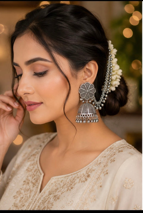 Oxidised bahubali Jhumka with pearls work (very Lite weight ) ( slight variations in color and design is possible)