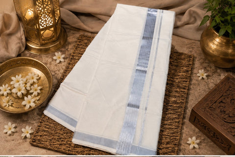 Woven Cotton Kerala Mundu / Dhoti in Off White ( 4 mtrs ) (slight variations in colour and design is possible)