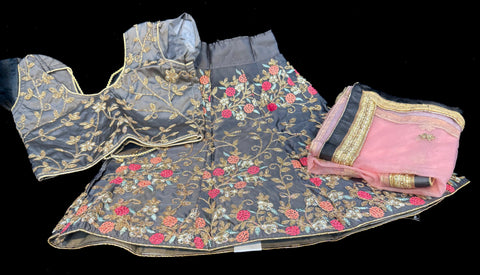 Dark grey  colour silk based heavy embroidery work with stones readymade lehnga & blouse & contrast dupatta lehnga