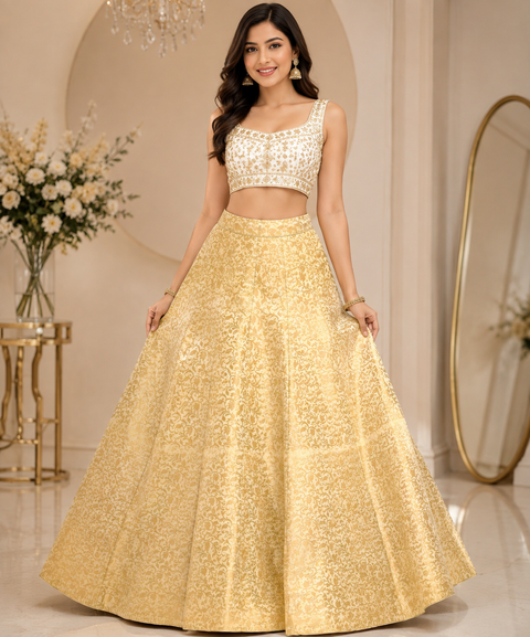 Golden Beige colour Brocade Silk based big flared skirt (can be styled with Poncho Blouse) Waist :- 37inch , Length:- 40(slight variations in color and design is possible)