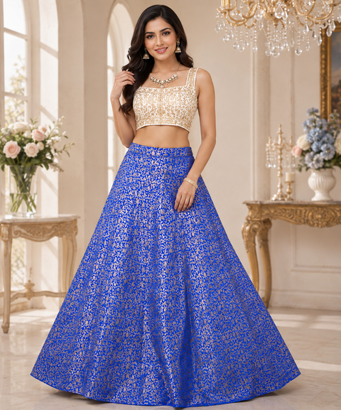 Royal Blue colour Brocade Silk based big flared skirt (can be styled with Poncho Blouse) Waist :- 37inch , Length:- 40 (slight variations in color and design is possible)