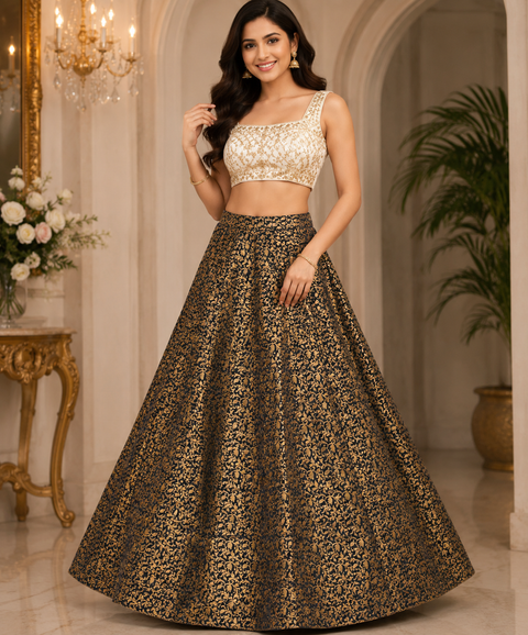 Black colour Brocade Silk based big flared skirt (can be styled with Poncho Blouse) Waist :- 37inch , Length:- 40 (slight variations in color and design is possible)