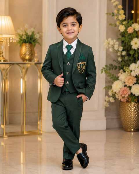 Dark Green Colour Boys 5 Piece Suit (slight variations in color and design is possible)