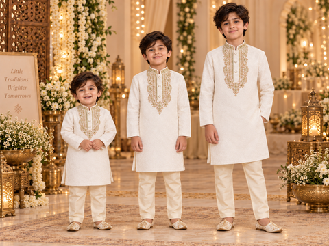 Soft jacquard silk-blend kurta with gold embroidery and Comes with a cream-golden pajama.
Slight variation in colour and design is possible.