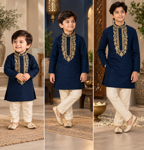 Soft jacquard silk-blend kurta with gold embroidery and Comes with a cream-golden pajama.
Slight variation in colour and design is possible.