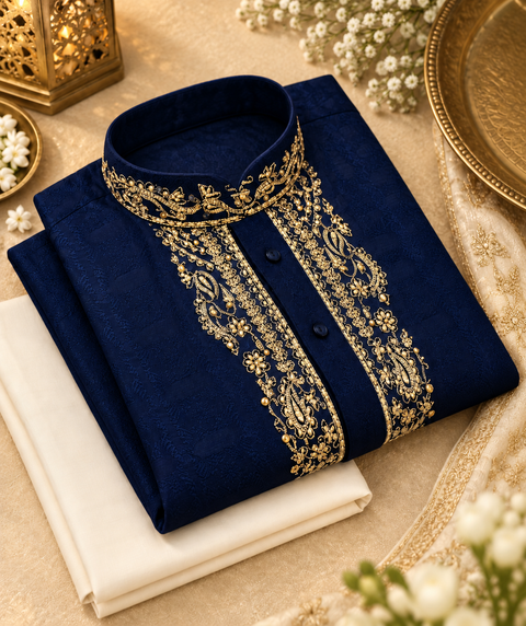 Soft jacquard silk-blend kurta with gold embroidery and Comes with a cream-golden pajama.
Slight variation in colour and design is possible.