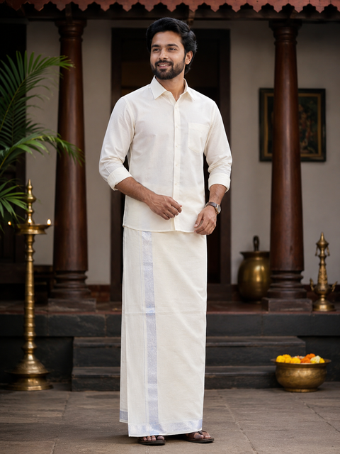Woven Cotton Kerala Mundu / Dhoti in Off White ( 4 mtrs ) (Slight variations in colour and design is possible)