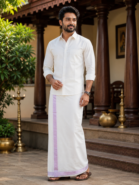 Woven Cotton Kerala Mundu / Dhoti in Off White ( 4 mtrs ) (Slight variations in colour and design is possible)
