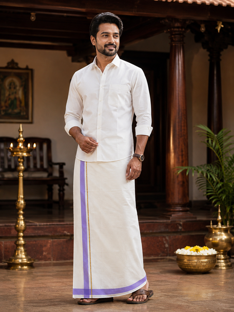 Woven Cotton Kerala Mundu / Dhoti in Off White ( 4 mtrs ) (Slight variations in colour and design is possible)