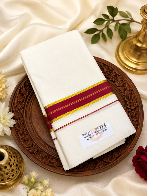 Woven Cotton Kerala Mundu / Dhoti in Off White ( 4 mtrs ) (Slight variations in colour and design is possible)