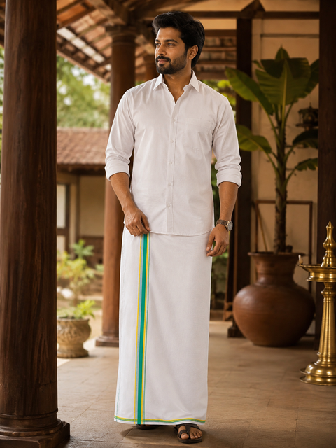 Woven Cotton Kerala Mundu / Dhoti in Off White ( 4 mtrs )(Slight variations in colour and design is possible)
