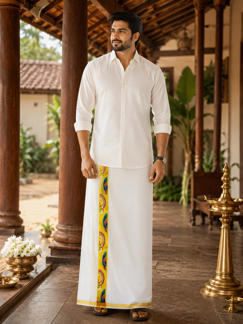 Woven Cotton Kerala Mundu / Dhoti in Off White ( 4 mtrs ) (Slight variations in colour and design is possible)