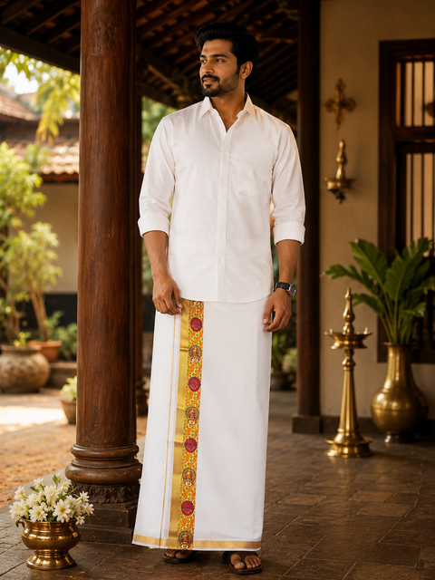 Woven Cotton Kerala Mundu / Dhoti in Off White ( 4 mtrs ) (Slight variations in colour and design is possible)