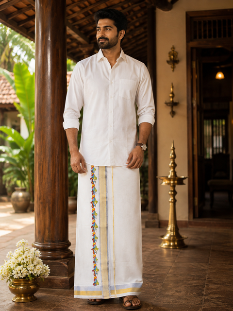 Woven Cotton Kerala Mundu / Dhoti in Off White ( 4 mtrs ) (Slight variations in colour and design is possible)