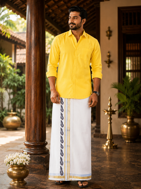 Woven Cotton Kerala Mundu / Dhoti in Off White ( 4 mtrs ) (Slight variations in colour and design is possible)