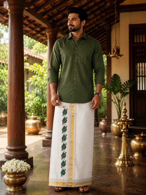 Woven Cotton Kerala Mundu / Dhoti in Off White ( 4 mtrs ) (Slight variations in colour and design is possible)