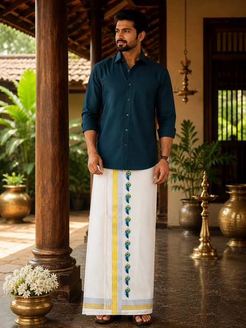 Woven Cotton Kerala Mundu / Dhoti in Off White ( 4 mtrs ) (Slight variations in colour and design is possible)