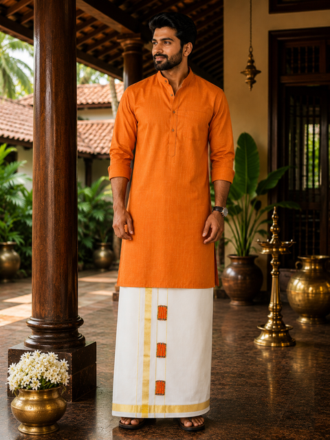 Woven Cotton Kerala Mundu / Dhoti in Off White ( 4 mtrs ) (Slight variations in colour and design is possible)