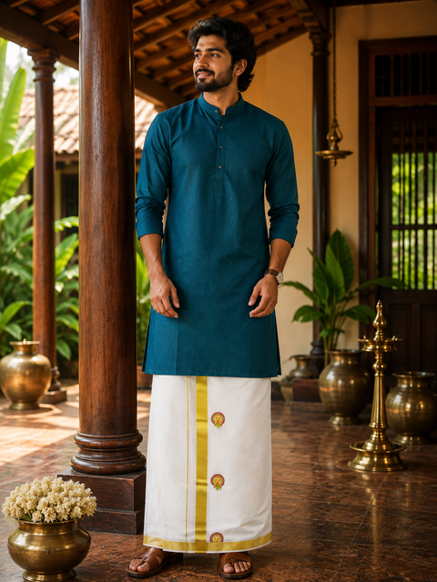 Woven Cotton Kerala Mundu / Dhoti in Off White ( 4 mtrs ) (Slight variations in colour and design is possible)