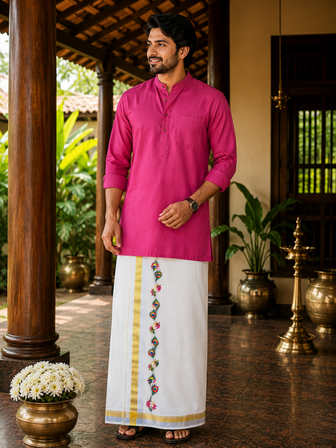Woven Cotton Kerala Mundu / Dhoti in Off White ( 4 mtrs ) (Slight variations in colour and design is possible)