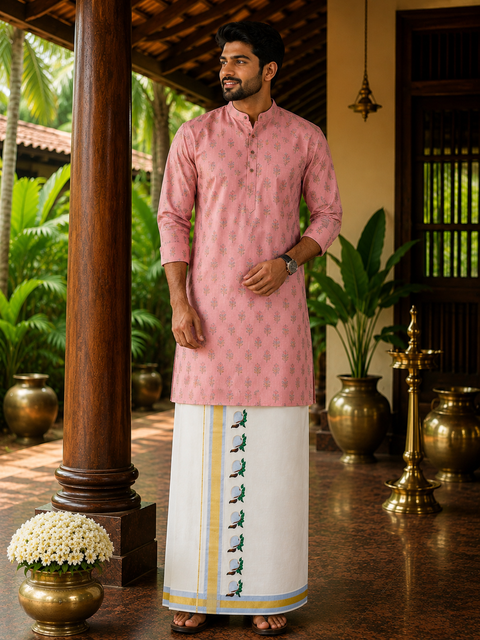 Woven Cotton Kerala Mundu / Dhoti in Off White ( 4 mtrs ) (Slight variations in colour and design is possible)