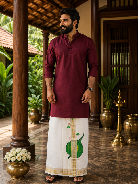 Woven Cotton Kerala Mundu / Dhoti in Off White ( 4 mtrs ) (Slight variations in colour and design is possible)