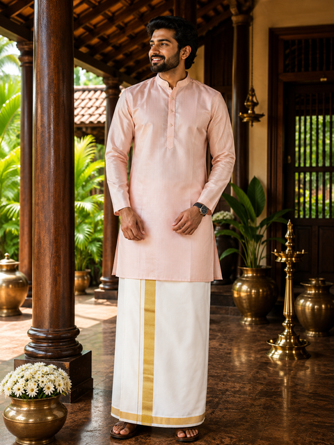 Woven Cotton Kerala Mundu / Dhoti in Off White ( 4 mtrs ) (Slight variations in colour and design is possible)
