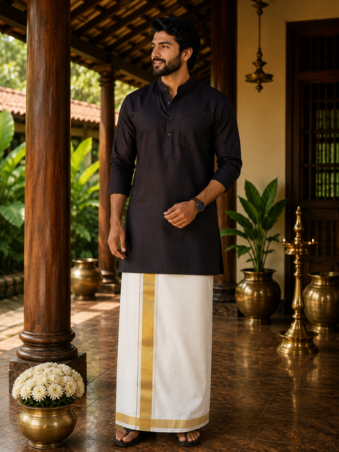 Woven Cotton Kerala Mundu / Dhoti in Off White ( 4 mtrs ) (Slight variations in colour and design is possible)